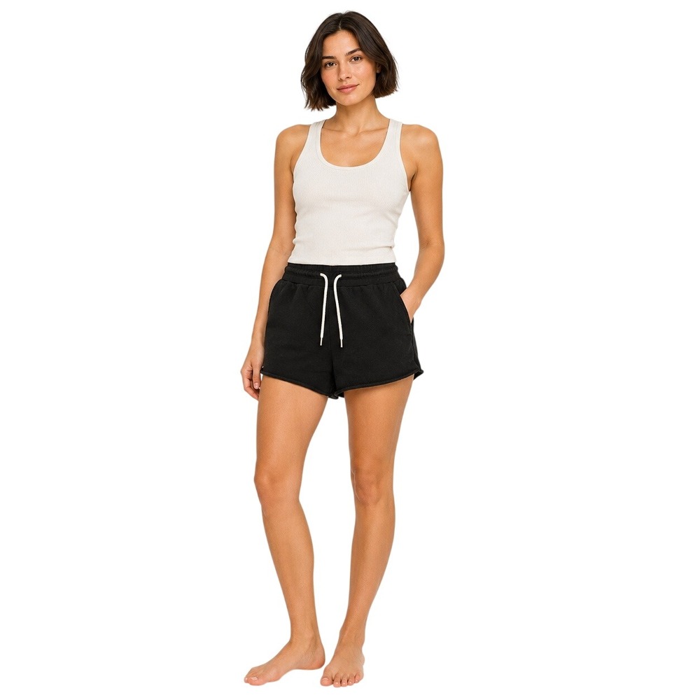 MATE The Label Organic Cotton Fleece Pocket Shorts S Black Raw Hem Lounge